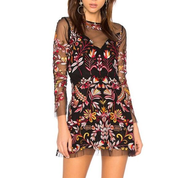 Karina Grimaldi | Regina Black Flower Embroidered Mini Dress Medium Boho - Picture 1 of 13